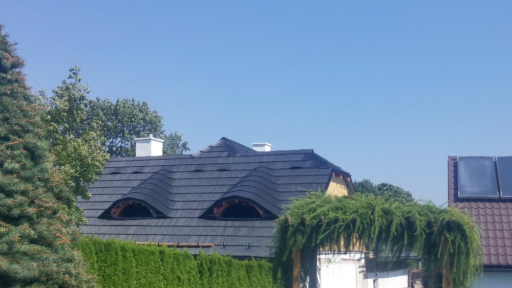 Střecha z přírodní břidlice obklopena zelení.